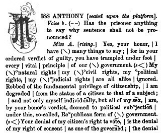 Helen Potter's codes remind her and instruct students how to sound like Susan B. Anthony speaking in federal court in 1873, from Helen Potter's Impersonations, p. 12. 