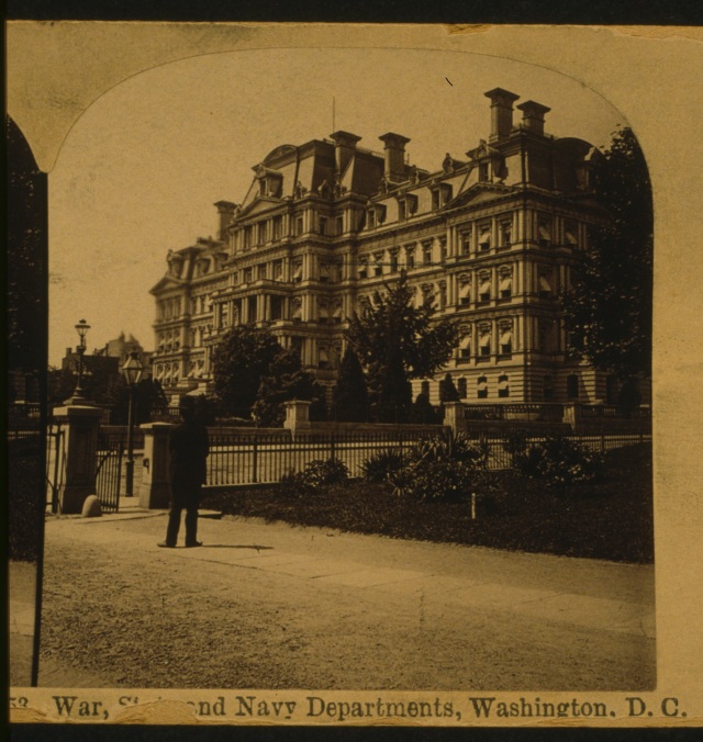 Man looking at State, War, and Navy Departments Building, 1891. Right half of stereoscope card. Prints and Photographs Division, Library of Congress. 